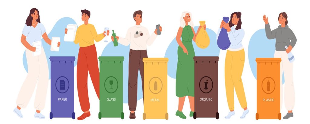 disegno di persone che buttano i rifiuti negli appositi contenitori per la raccolta differenziata
